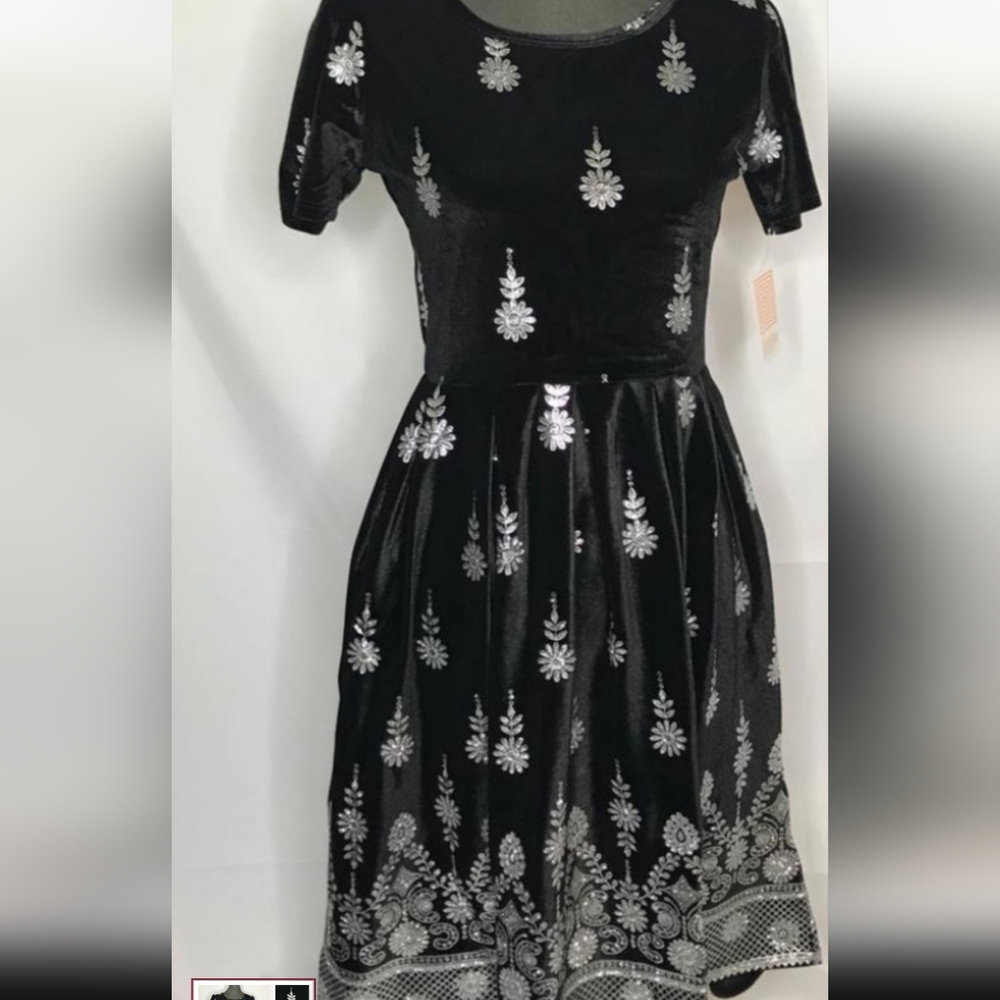 LuLa Roe Elegant Amelia Dress Black Velvet with Silver artful design
